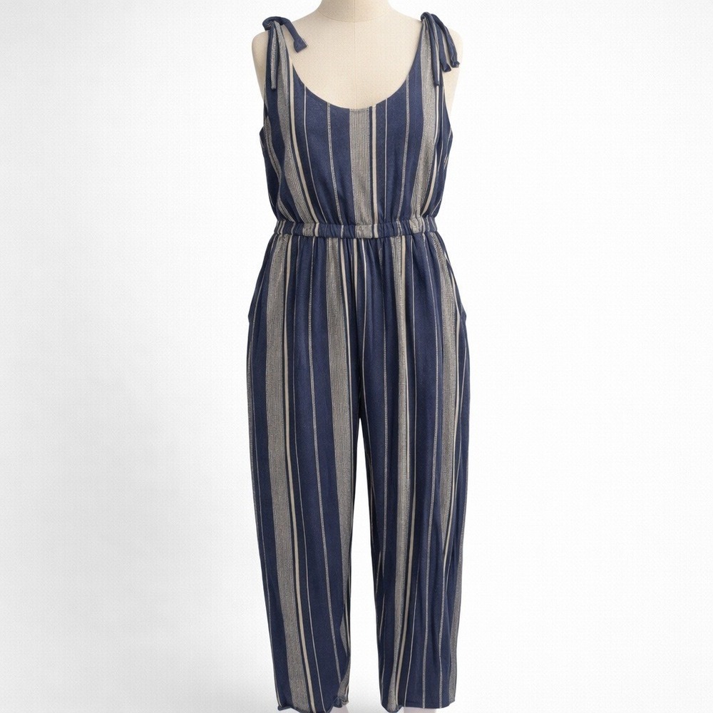 100% Organic Cotton Striped Tank‎ Jumpsuit Sz L Blue Granola Coastal Sustainable